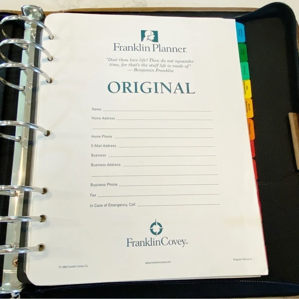 Franklin Quest Vintage Zip Planner Green Line Leather Trim & Canvas Zip Inserts
